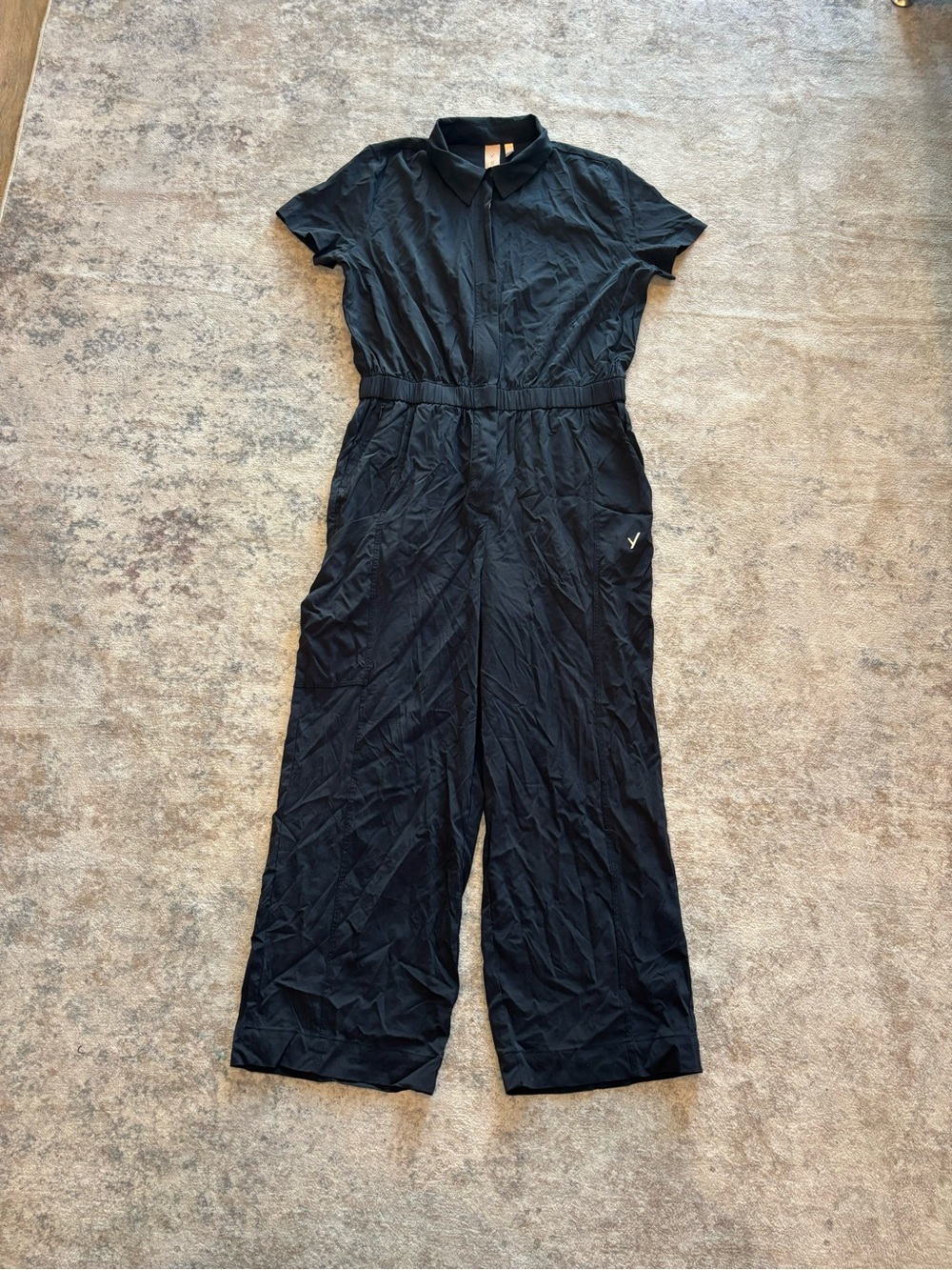 Indyeva Black Short Sleeve Front-Zip Nylon Jumpsuit - Size Small